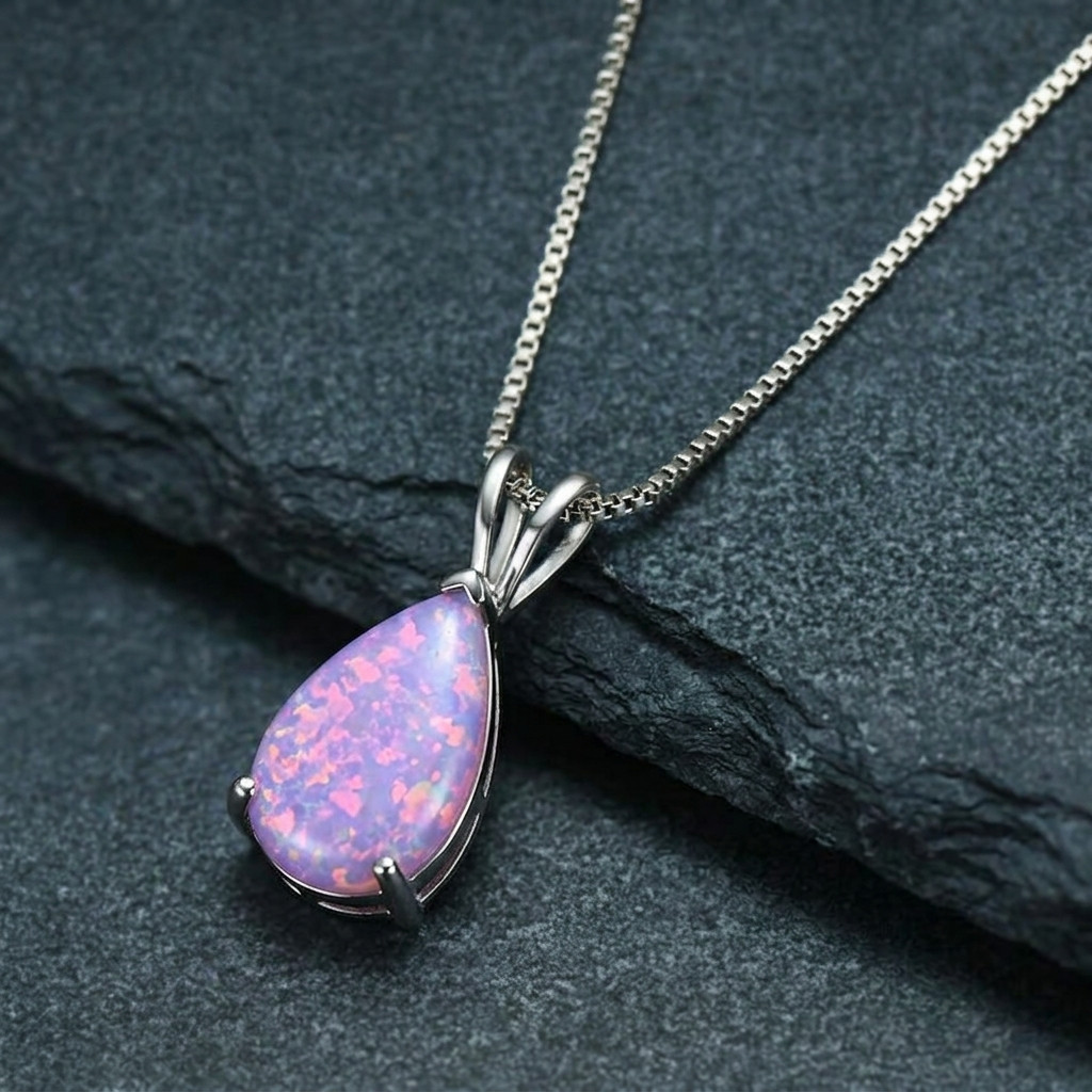 Natural Purple Fire Opal Droplet Necklace Silver Teardrop Jewelry Gift for Women