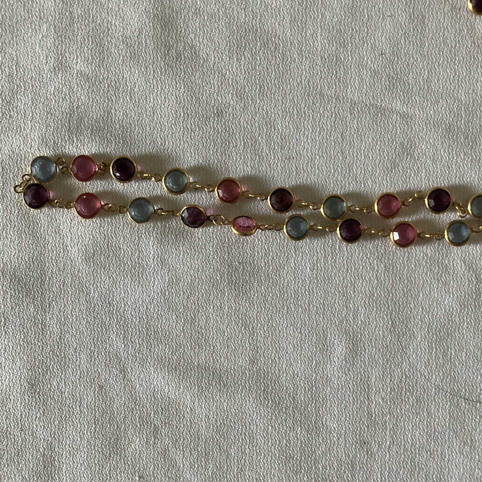 Gold Tone Cable Chain Necklace Bezel-Set Pink & Blue Round Glass Beads 15in