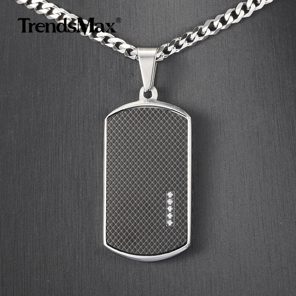 Men’s Stainless Steel Black Dog Tag Pendant Necklace with Bling CZ Bead Jewelry