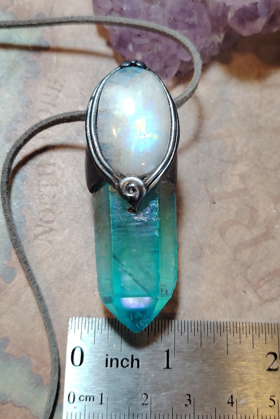 Moonlight. Moonstone Aqua Aura Quartz Crystal Pendant Necklace. Spiritual Gifts