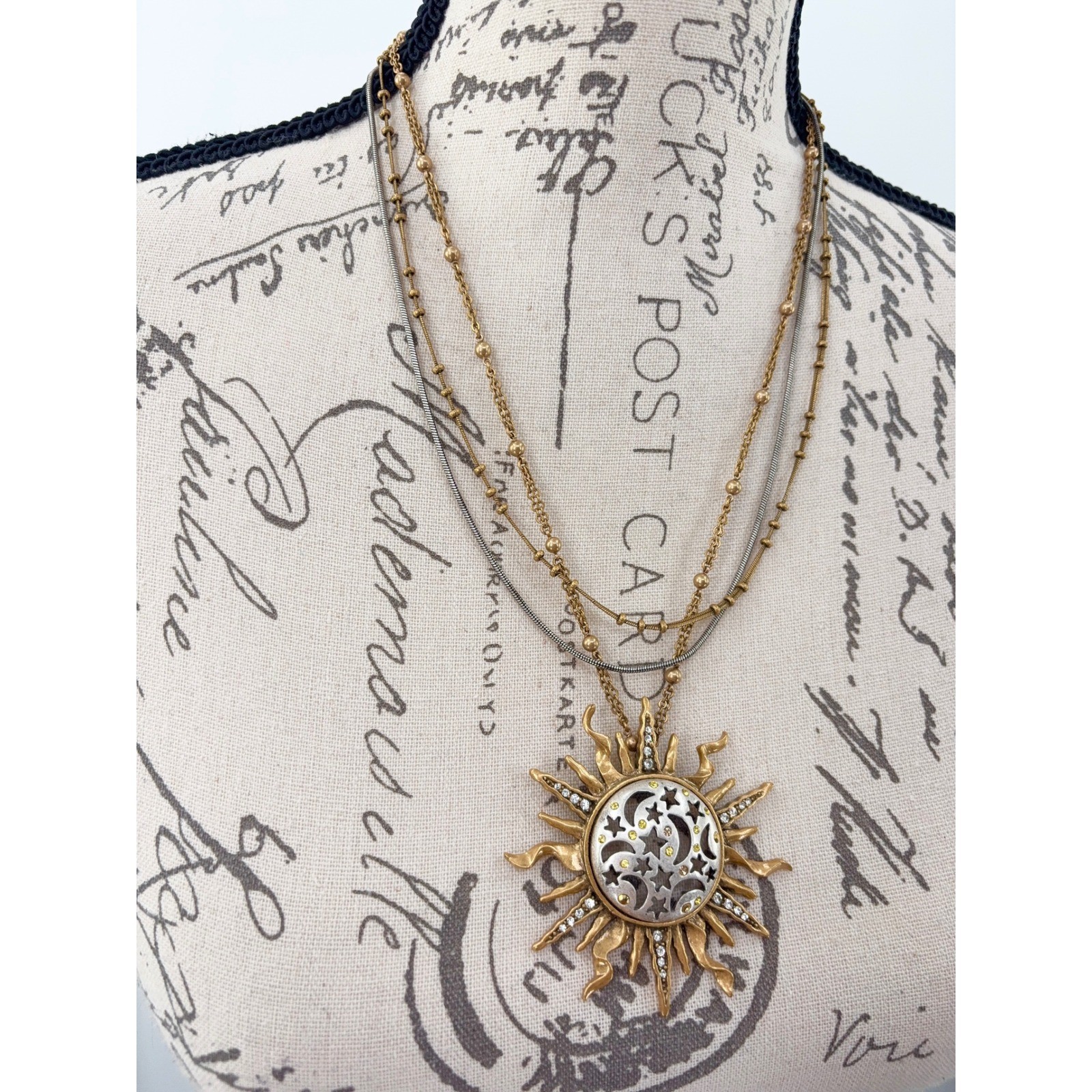 Chico’s Sunburst Pendant Necklace Two Tone Multi Strand Sun Moon Star Celestial