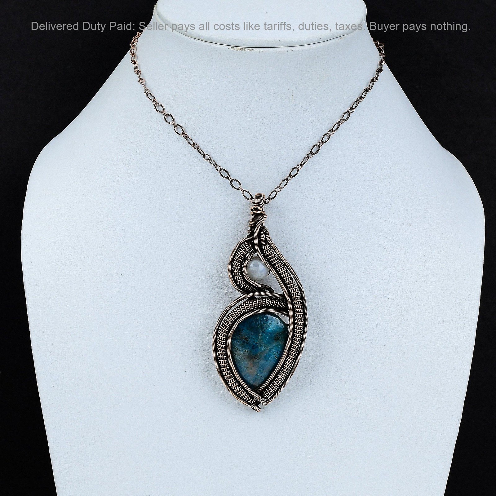 Copper Pear Natural Neon Apatite Rainbow Moonstone Elegant Wire Wrapped Pendant