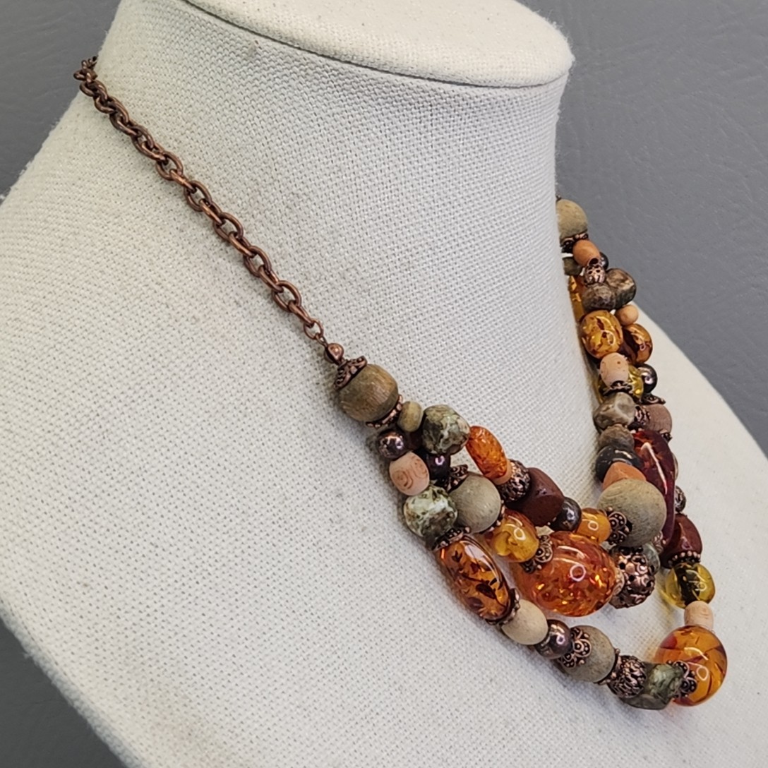 Beaded Necklace Roman Jewelry Copal Wood Beads Triple Layered 16-18″