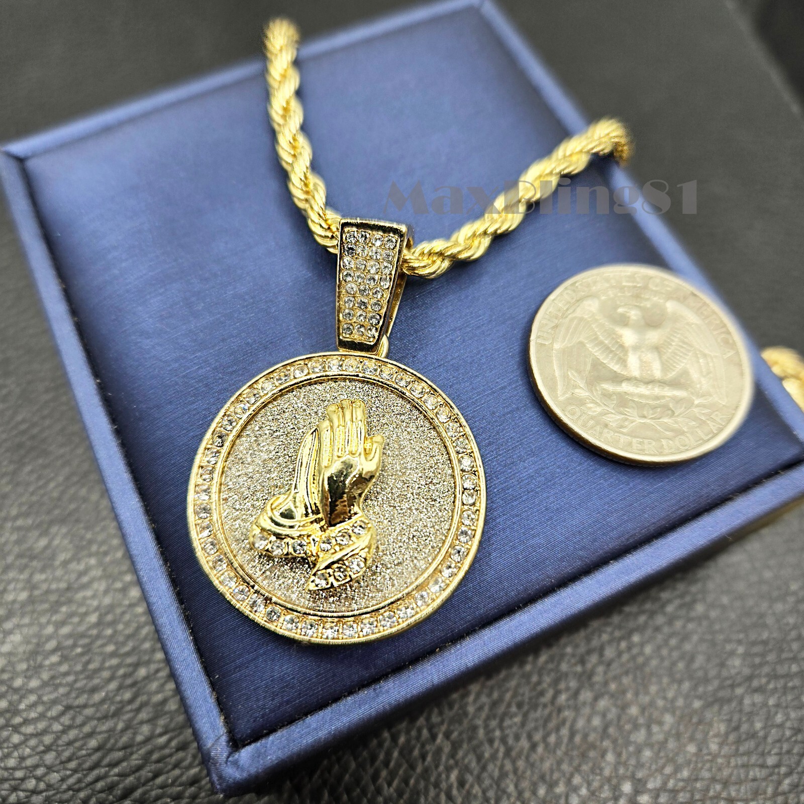 Hip Hop Iced Praying Hands Dog Tag Medal CZ Pendant & 24″ Rope Chain Necklace
