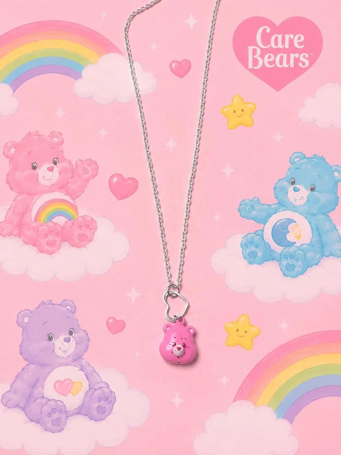 Cheer Bear Care Bear Pink Teddy Bear Necklace With Heart Design