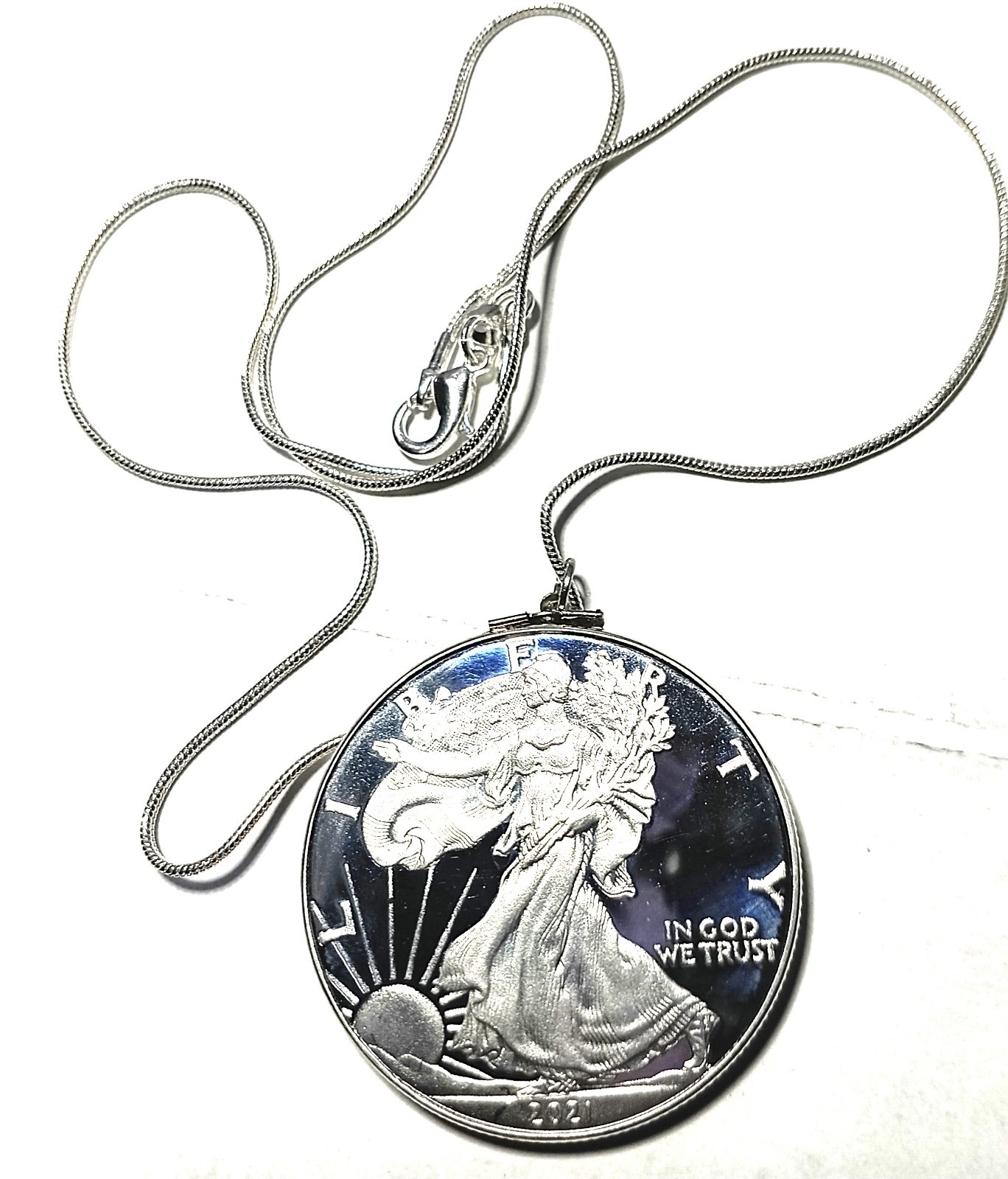 Silver-Plated Coin Necklace w/20″ 925 Sterling Solid Silver 1mm Snake Chain