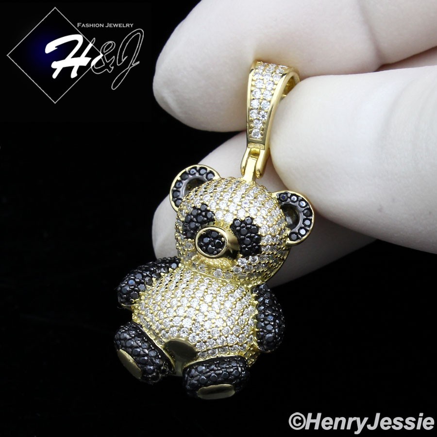 925 STERLING SILVER BLACK/CLEAR MOISSANITE 3D GOLD PLATED PANDA PENDANT*MGP554