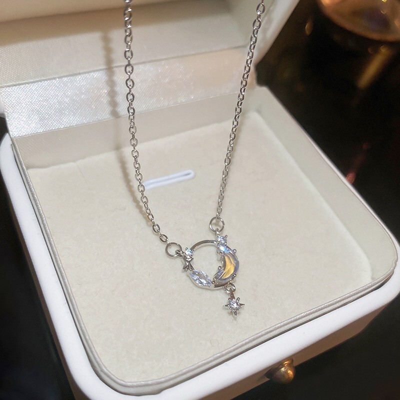 Pearl Color Moon Stone Cubic Zirconia Star Necklace Silver Chain Necklace 3483