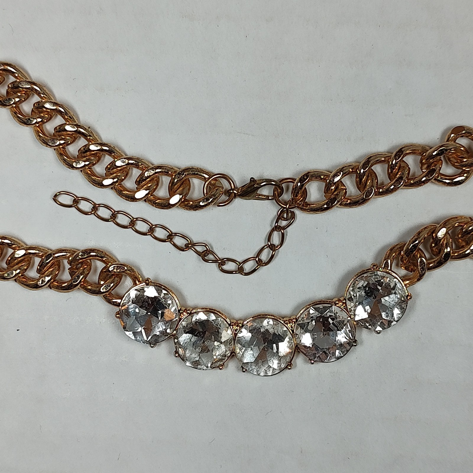 Gold Tone Metal Clear Colorless Glass Stones Statement Necklace 17″ – 19.5″