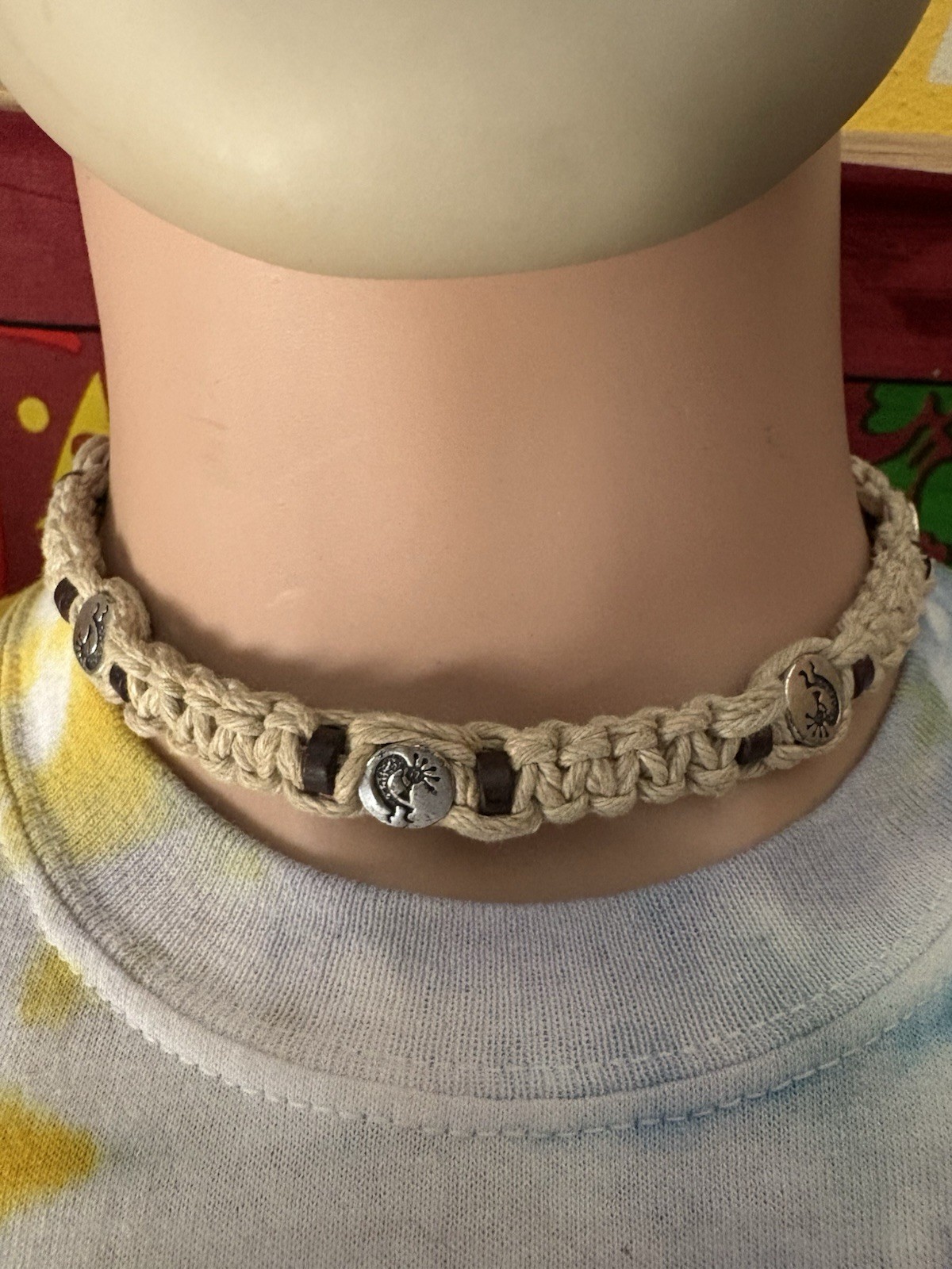 Beige Hemp Cord Choker Necklace Metal Charm Pendant Beaded No Stone
