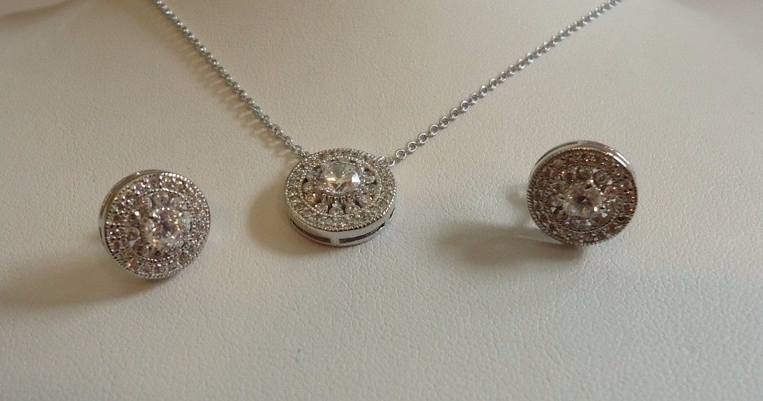 STERLING SILVER ROUND DESIGNERS NECKLACE &EARRING SET 3 CT LAB CREATED DIAMONDS