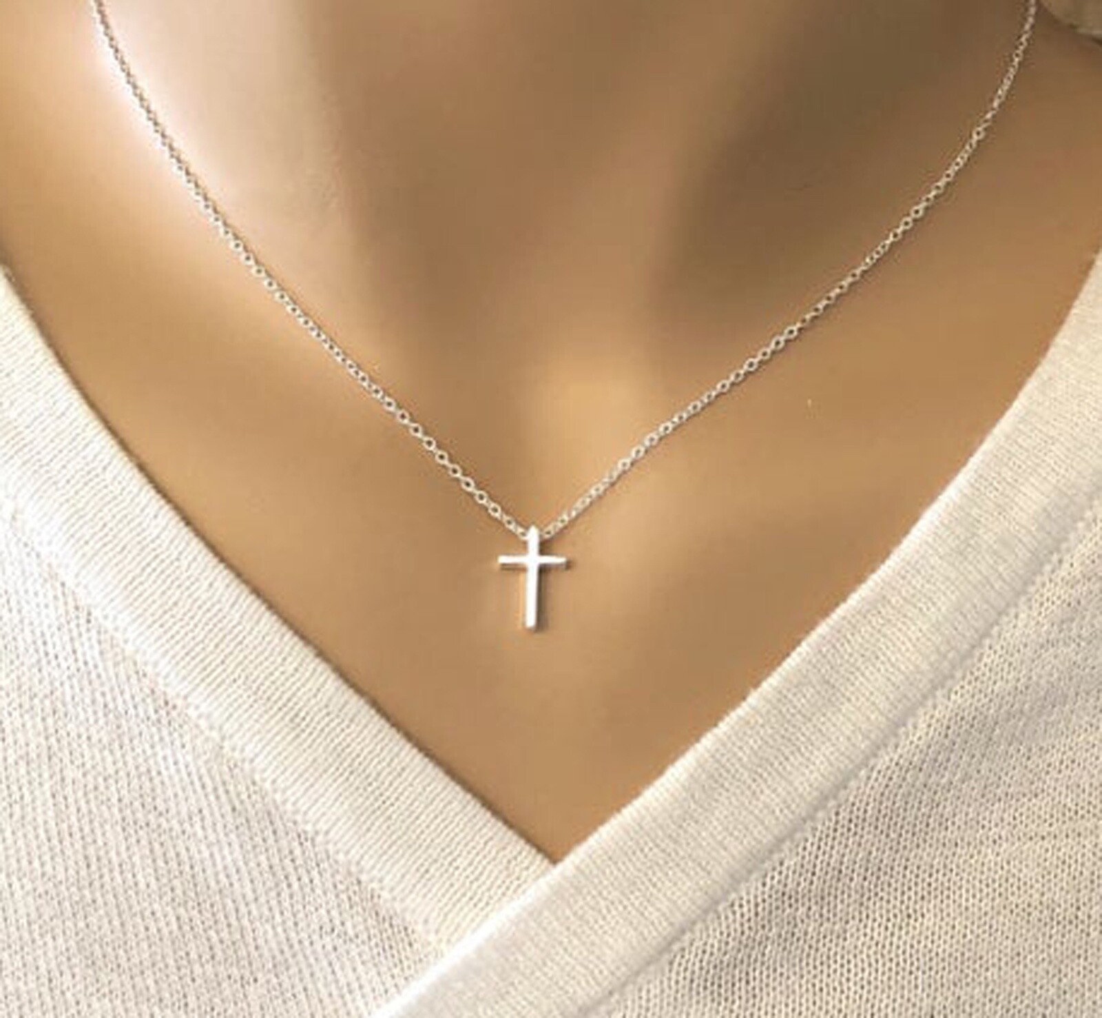 Simple Small Sterling Silver IP Cross Pendant Necklace Women Men’s
