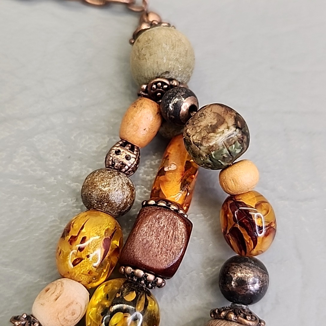 Beaded Necklace Roman Jewelry Copal Wood Beads Triple Layered 16-18″