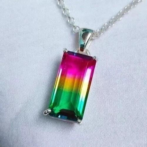 Watermelon Tourmaline Bi-Color Emerald Cut Pendant 100.38 Ct Beautiful Necklace