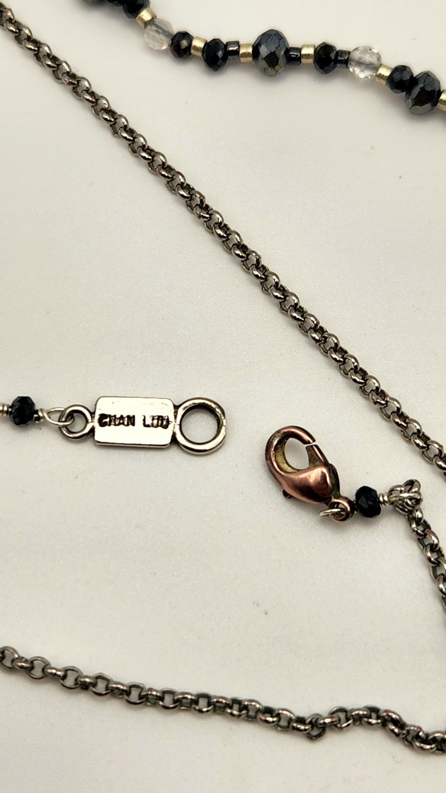 Chan Luu 42″ Layered Black Crystal Beaded Necklace Silver Tone Bar Pendant Boho