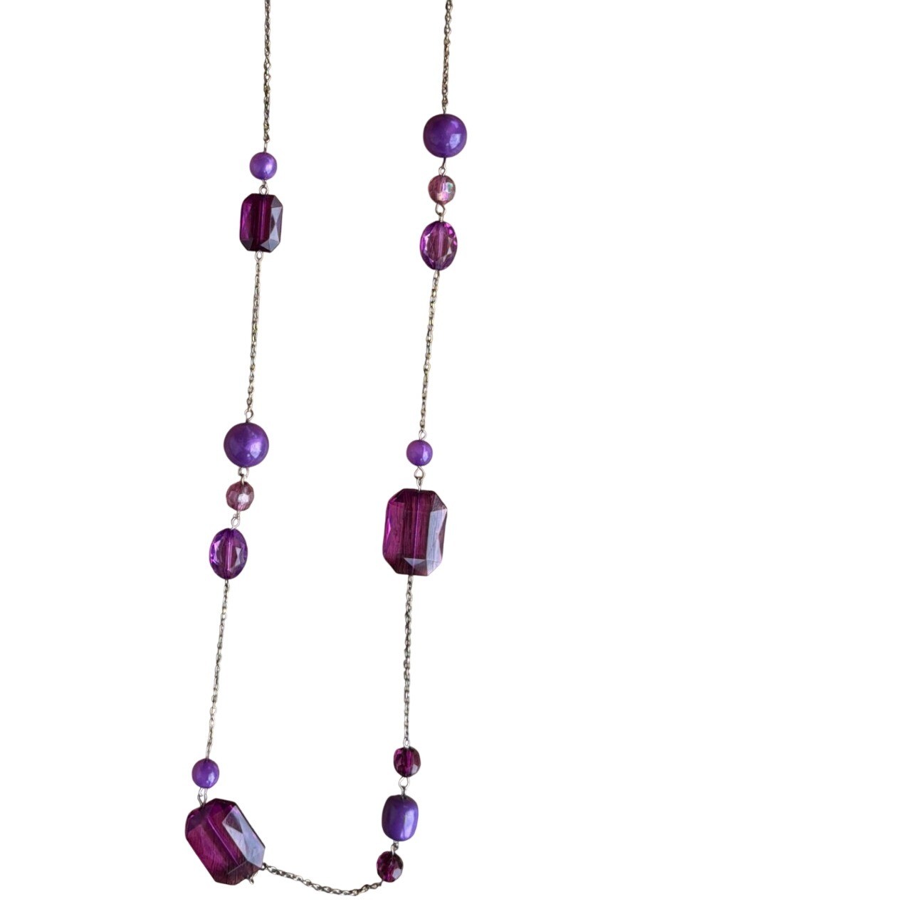 Long Purple Beaded Station Necklace Silver Tone Chain Emerald Cut Acrylic Layer