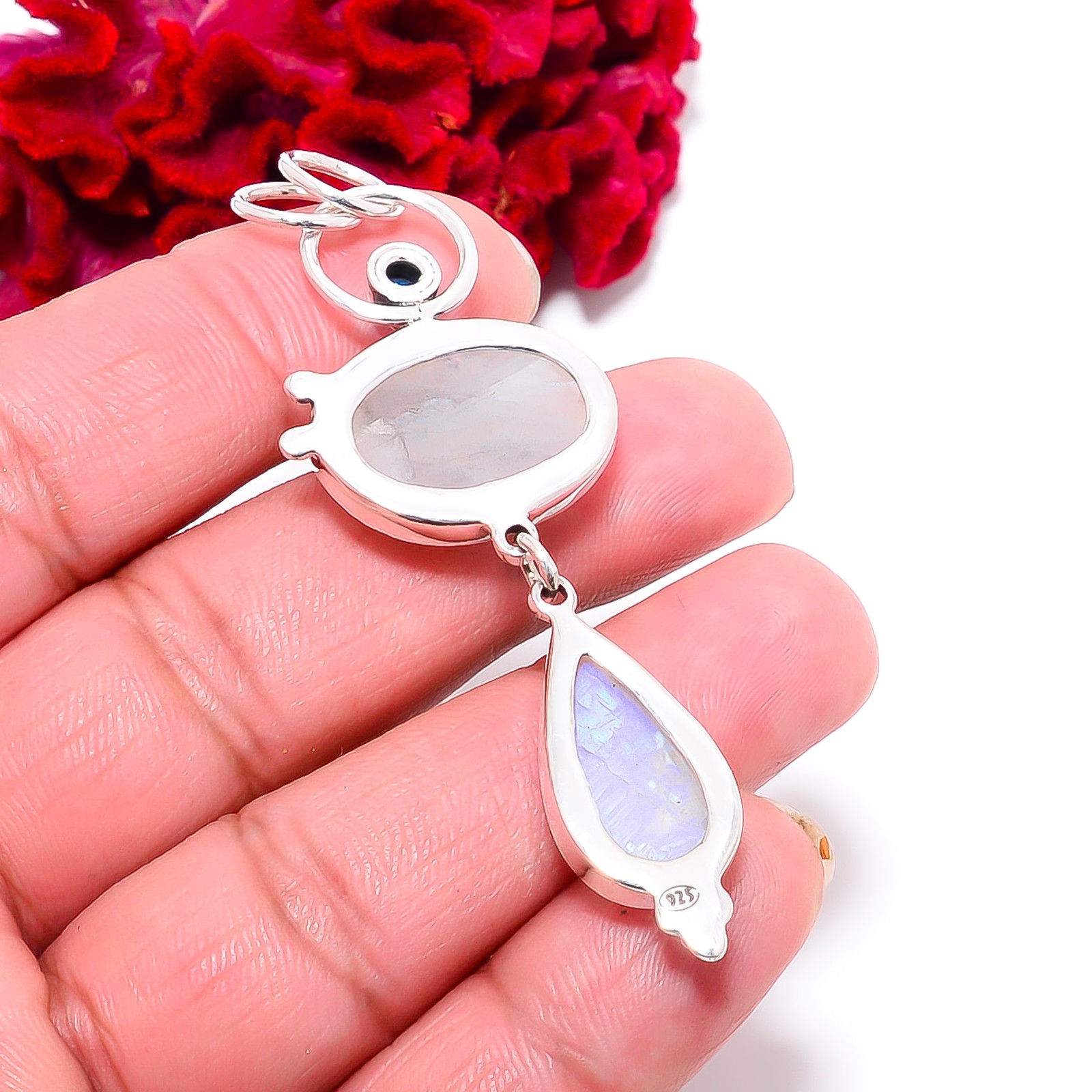 Rainbow Moonstone & Blue Topaz Handmade 925 Sterling Silver Pendant 2.81″ P46
