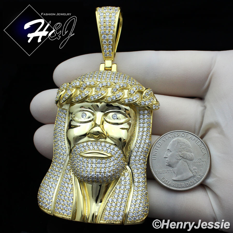 MEN 925 STERLING SILVER ICY BLING CZ OVERSIZE GOLD PLATED 3D JESUS PENDANT*GP242