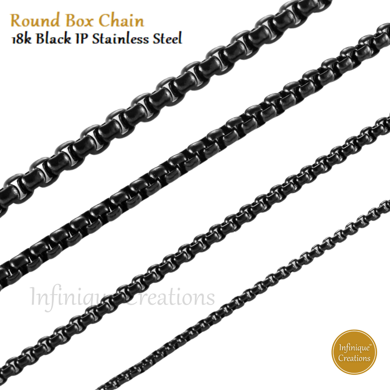 18k IP Black Plated Stainless Steel Round Box Chain Bracelet Necklace 7-38″