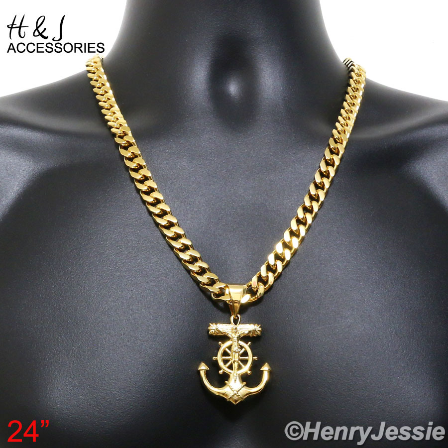 24″MEN Stainless Steel 9mm Gold Plated Cuban Curb Chain Anchor Cross Pendant*P58
