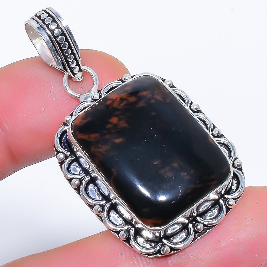 Natural Mahogany Obsidian Gemstone 925 Silver Plated Jewelry Pendant 1.8″ T309