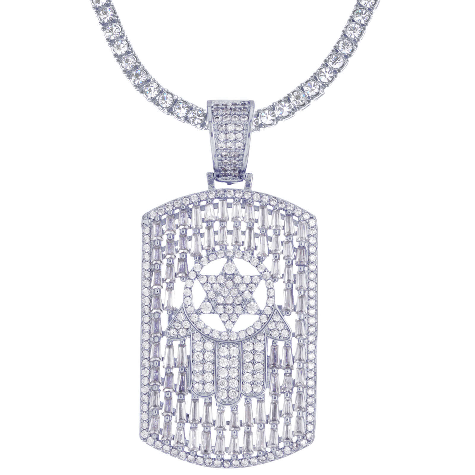Gold Plated Dog Tag Hamsa Pendant 20 inch Choker Tennis Chain Necklace BCT 17097