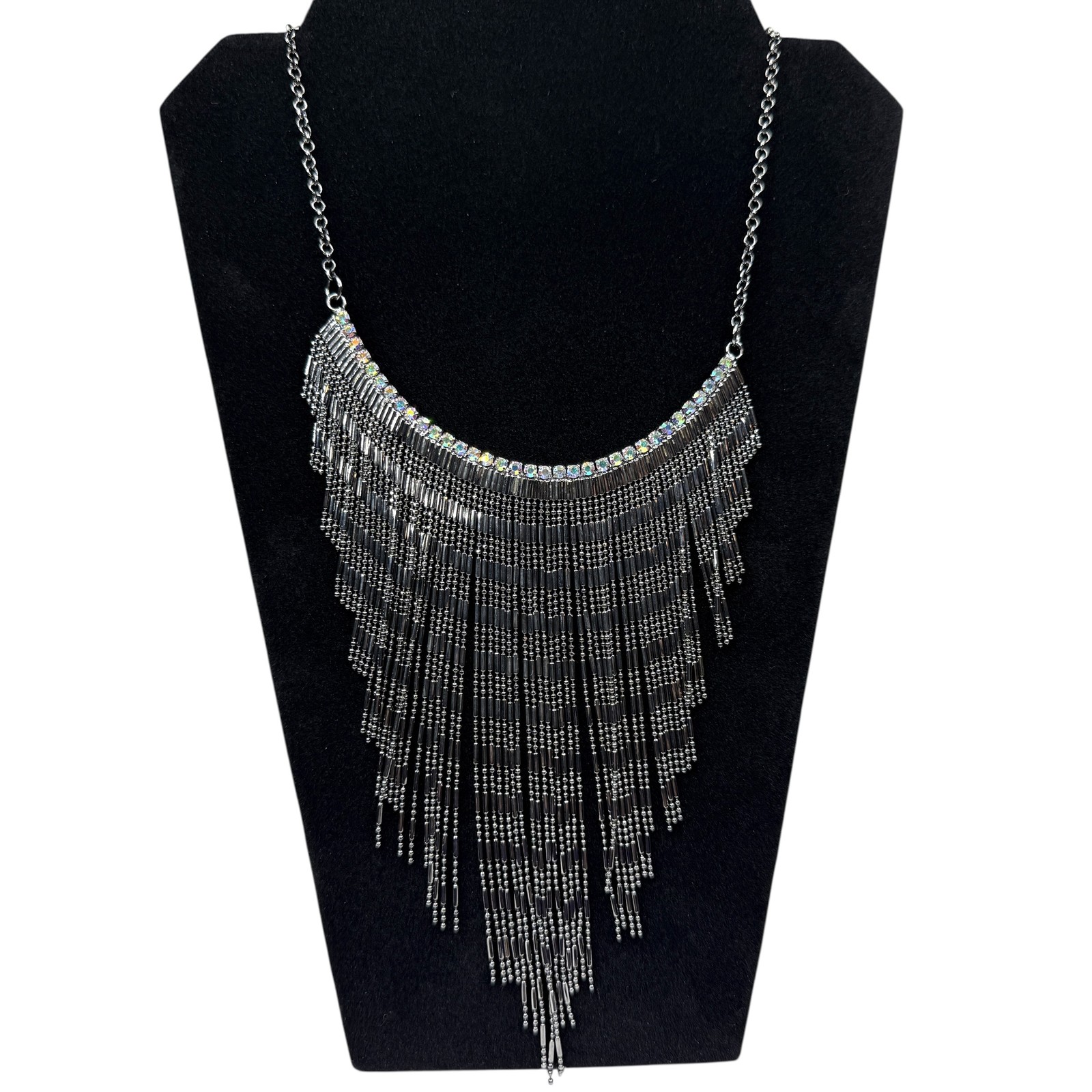 Antque Silver Tone Fringe Bib Statement Necklace Iridescent Crystal Accents