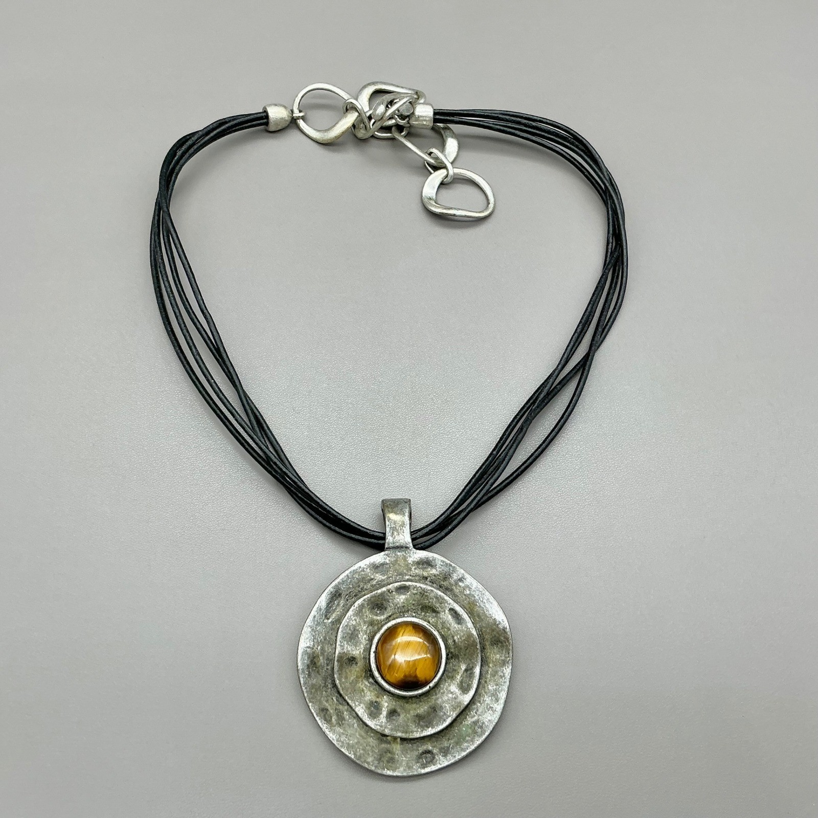 Premier Designs Necklace Tiger Eye Pendant Black Cord Silver Tone 18-20 In