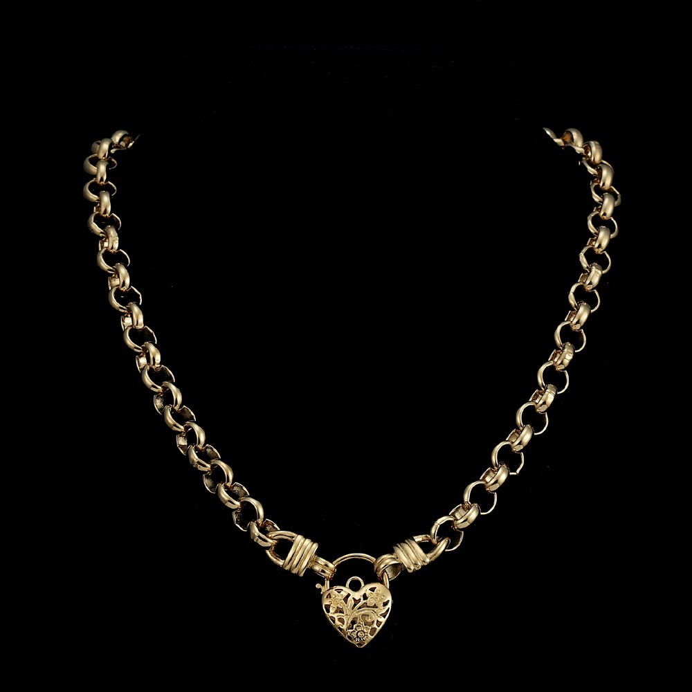18K GL Thick Solid Belcher Yellow Gold Necklace Filigree Heart Padlock