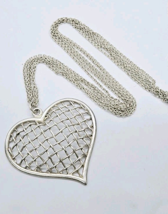 HEART Pendant Layered Necklace Cut-Out Silver tone 30 in Modern Modernist
