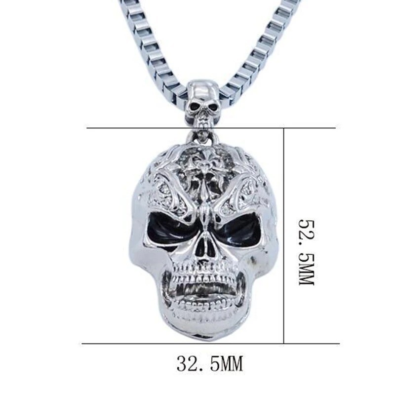 Mens Large 2″ Sugar Skull Metal Pendant Necklace 22″ Box Chain Biker Punk