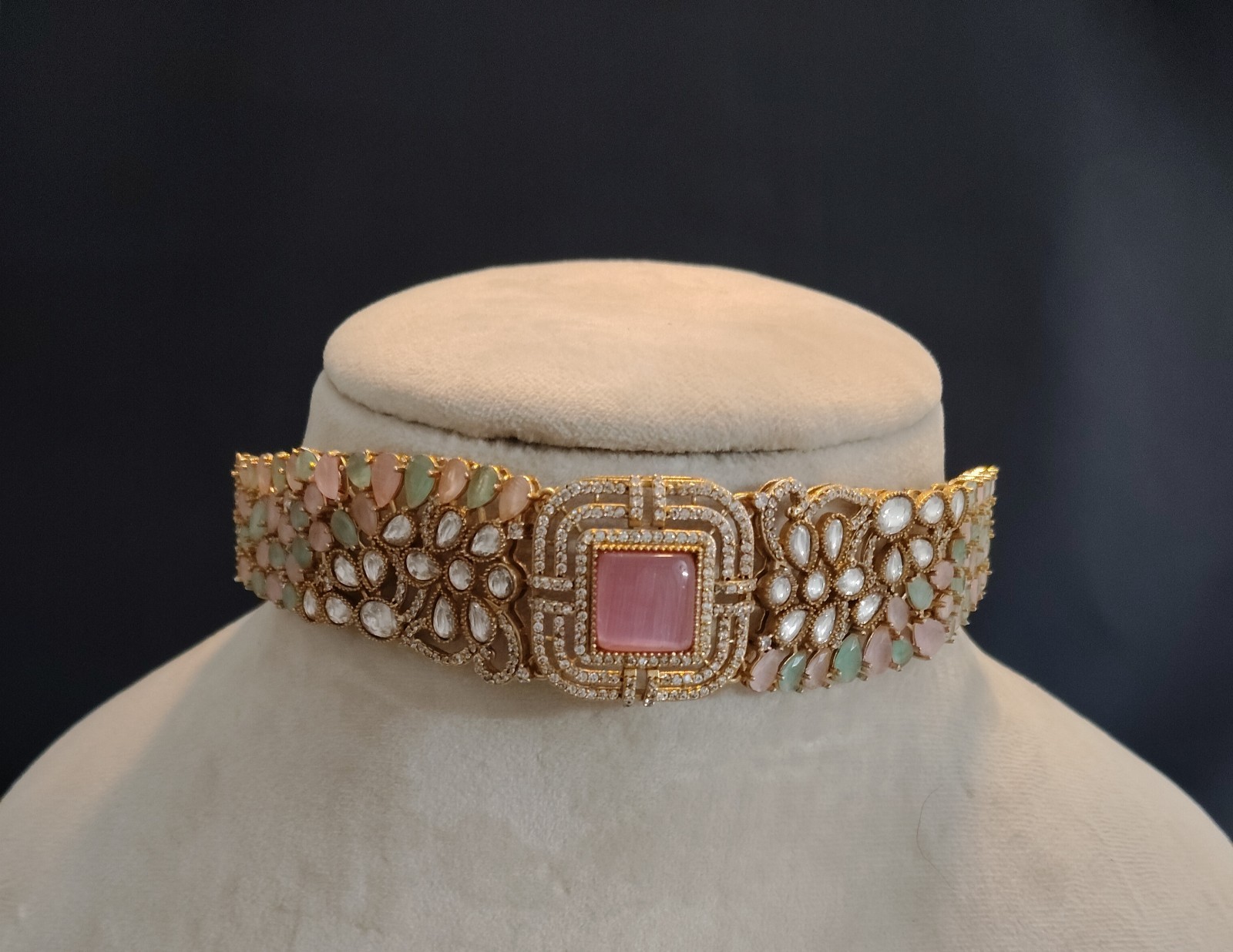 Khadija Indian Wedding Blush Pink and Mint Green Choker Set Roz Jewellers.
