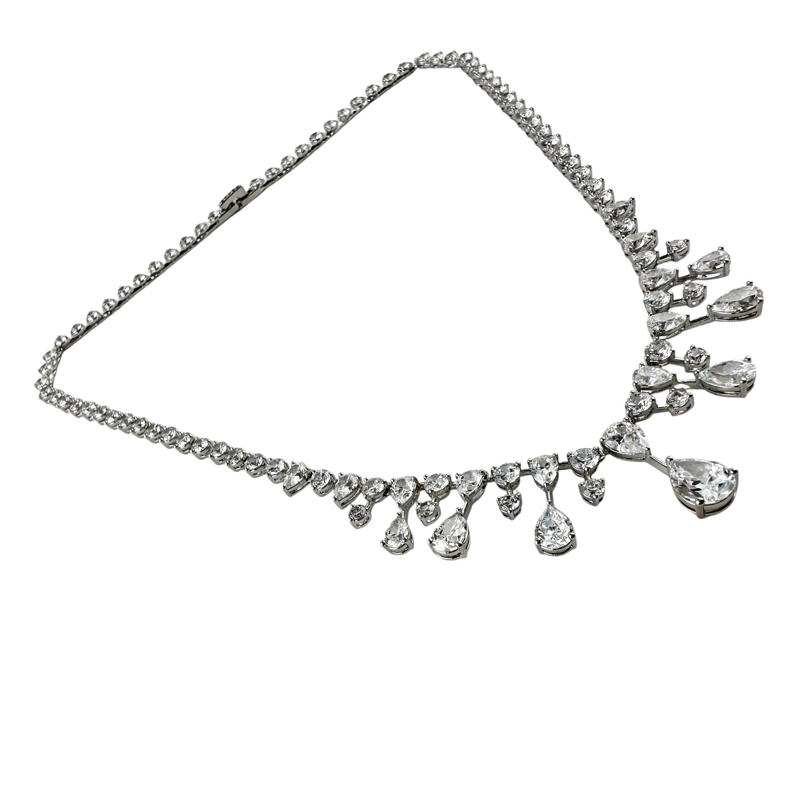 Bridal Style CZ Teardrop Cubic Zirconia Rhodium Plated Silver Tone 17″ Necklace