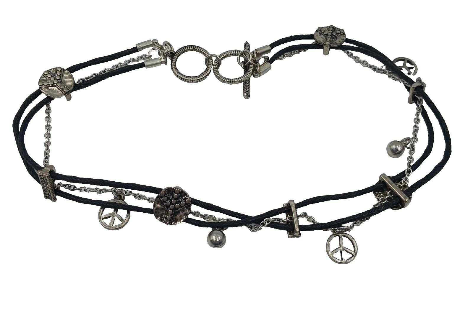 TYJ Collection Choker Necklace Peace Signs Corded And Chain Layered Brown 14″