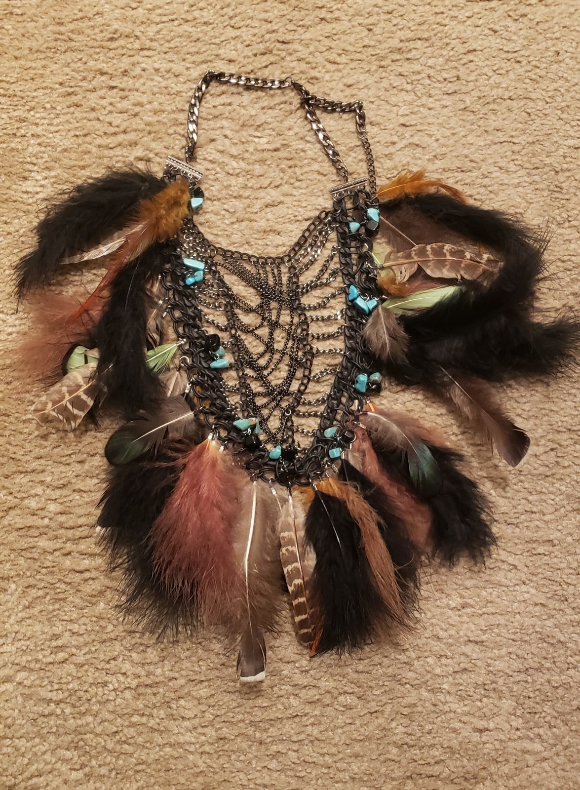 Bohemian Statement Bib Necklace Multicolor Feathers Beads Blue Crystal