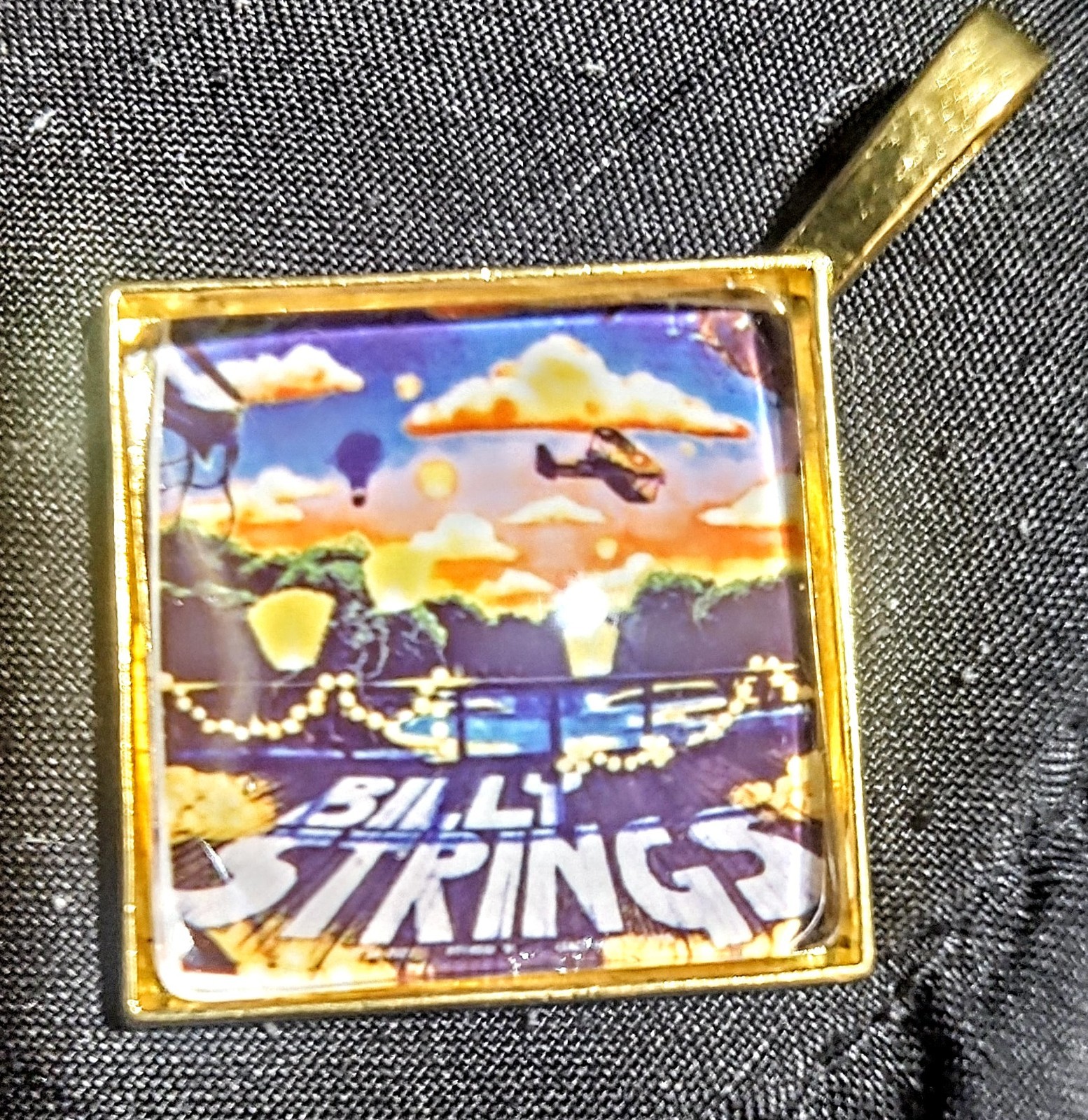 Billy Strings Square Gold Tone Metal Charm Pendant, Multicolor Graphic, No Stone