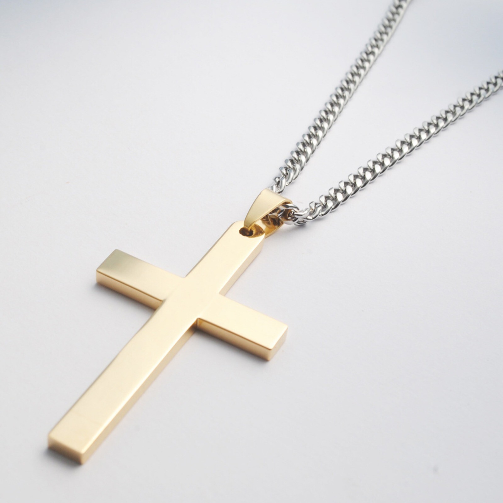 Stainless Steel Plain Silver Jesus Cross Crucifix Pendant Necklace Mens & Womens
