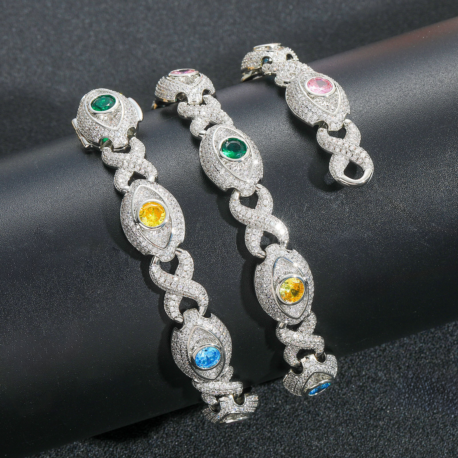 Hip Hop Colorful Eye Cuban Chain Necklace Bracelets 5A Zircon Mens Jewelry