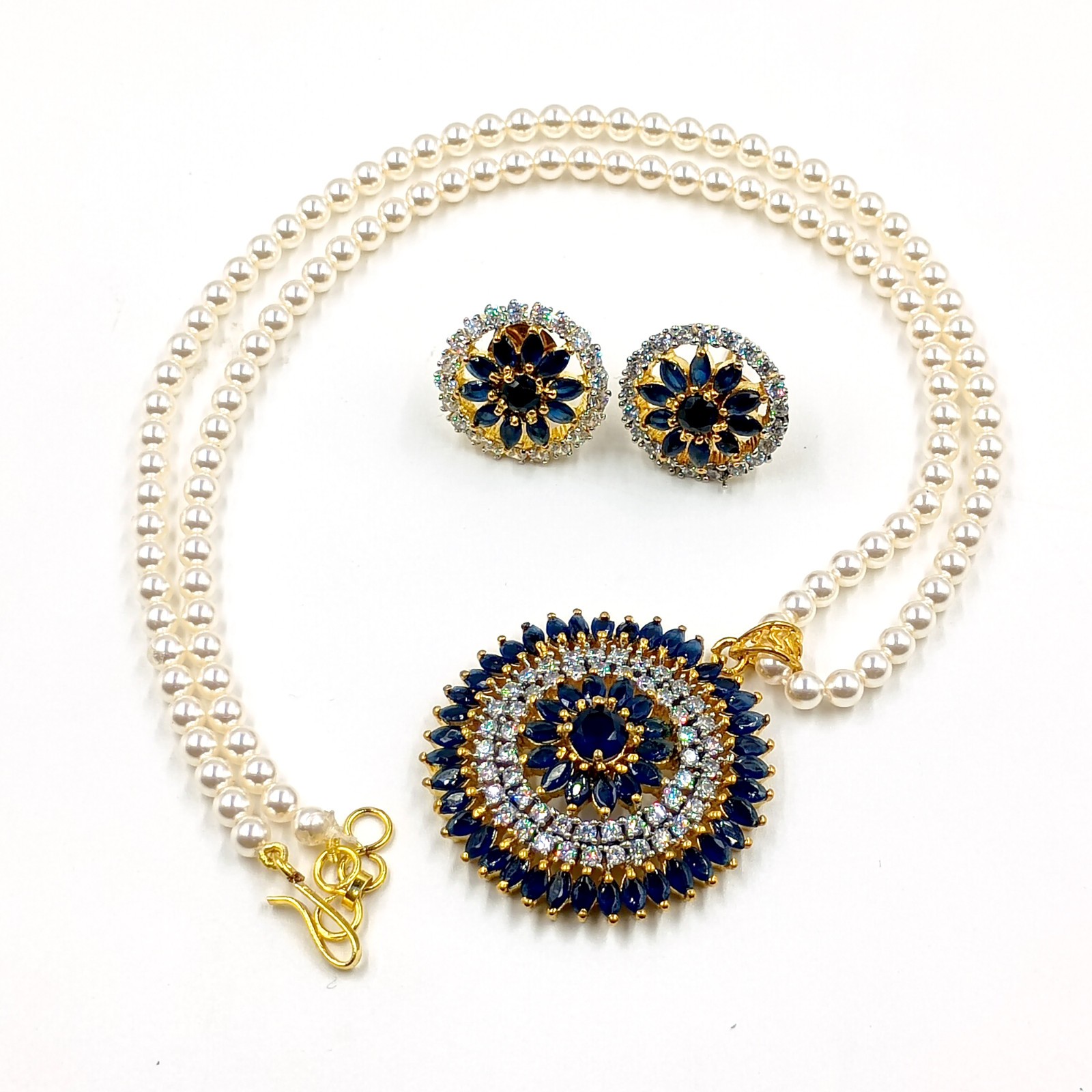 Traditional 22k Gold Plated Sapphire CZ Diamond Bridal Pendant Set Wedding Jewel