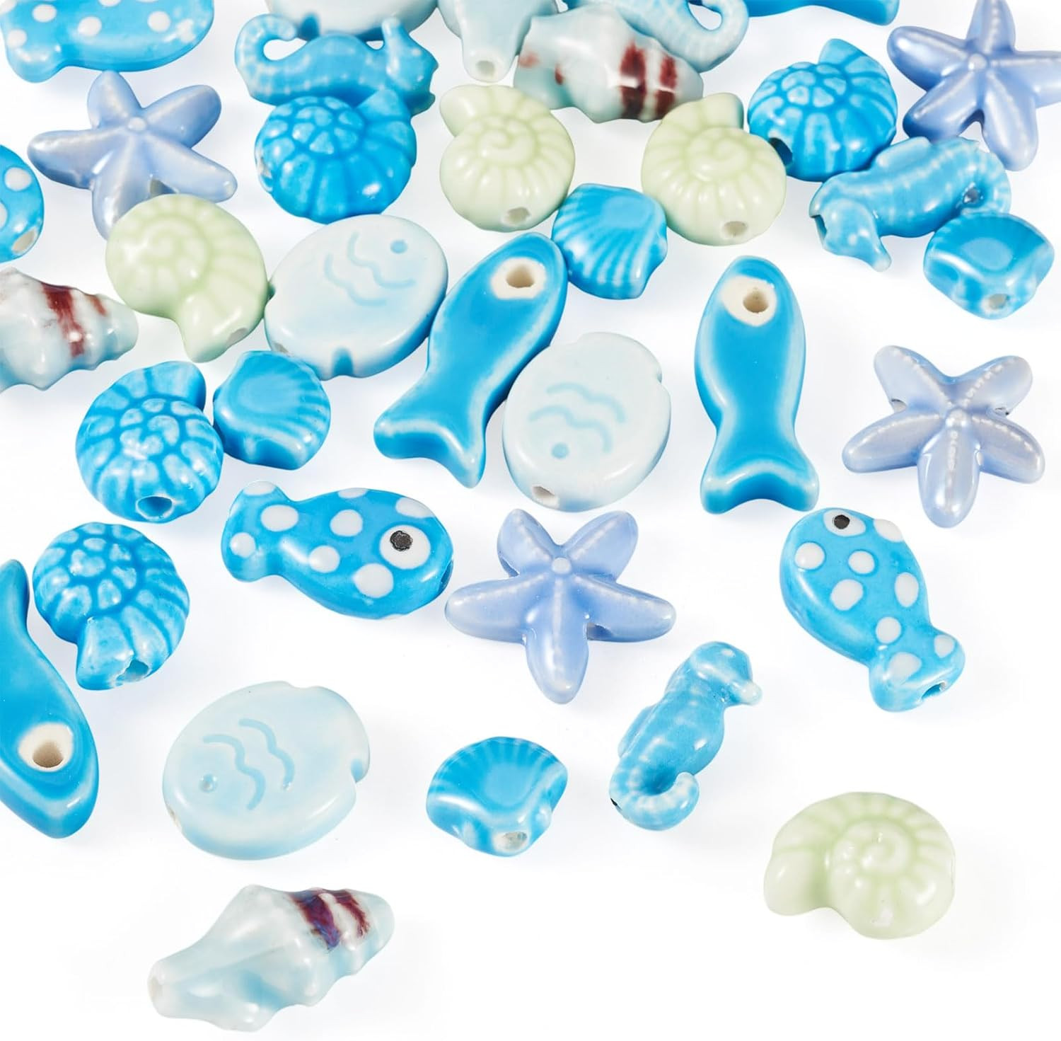 36Pcs Summer Beach Theme Porcelain Beads Blue Shell Starfish Fish Sea Horse Conc