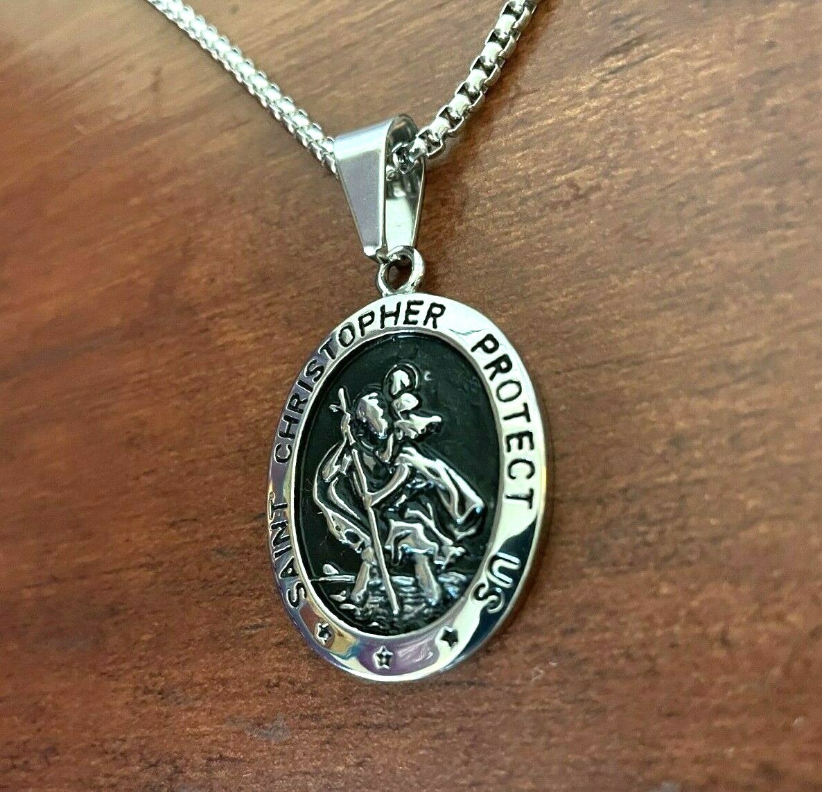 DEZILOO Mens Saint St Christopher Medal Pendant Necklace Stainless Steel Amulet