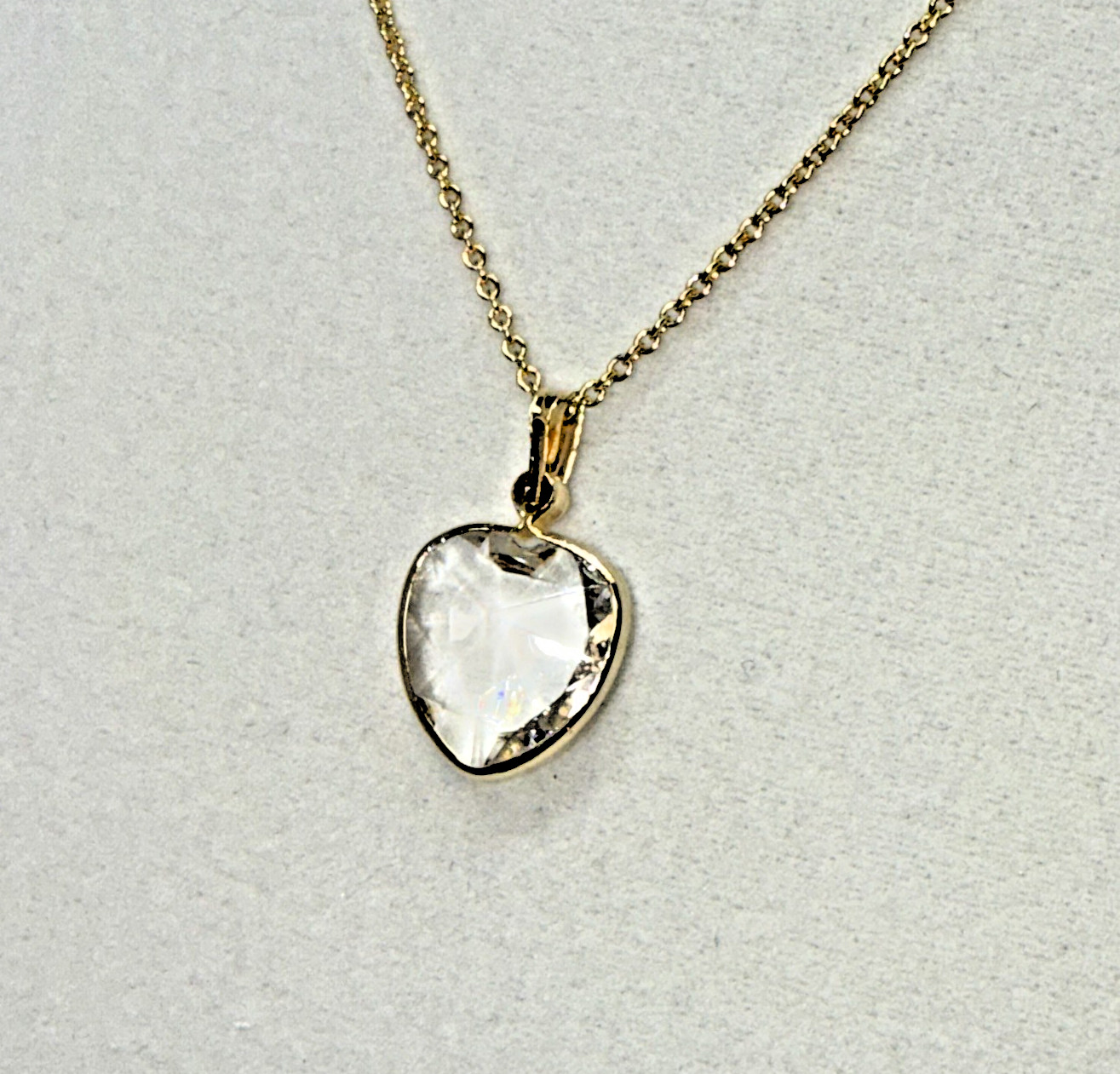 Vintage 14K GE W Lind Gold Clear Crystal Heart Pendant Necklace Layering Chain