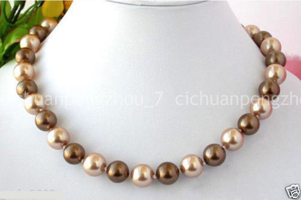 8mm 10mm 12mm Coffee Champagne South Sea Shell Pearl Round Beads Necklace 18”