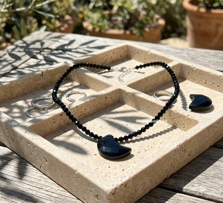 Black Obsidian Moon Pendant Choker Dainty Healing Protection Crystal Necklace