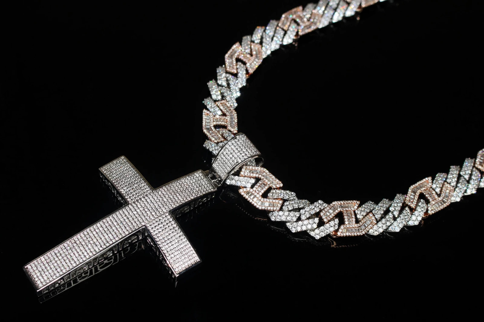 14k Stamp XL CROSS Pendant 14mm FIGARUCCI 2Tone Rose Chain 98ct Lab Sim Diamond