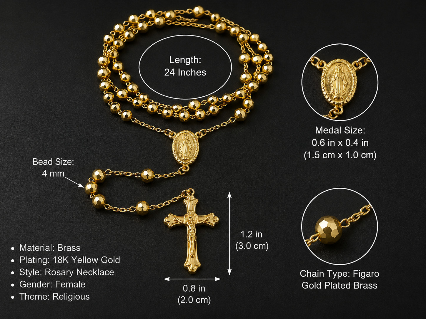 HEIRLOOM 18K GOLD PLATED ROSARY | RARE 24″ CRUCIFIX & VIRGIN MARY BEADED CHAIN