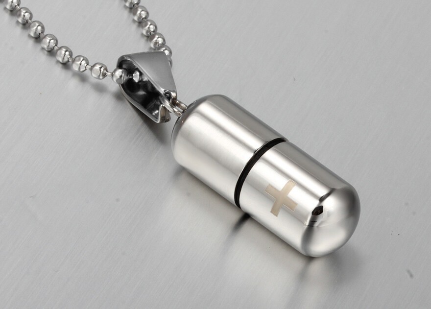 Silver Pendant Necklace Perfume Bottle Medical Pill Capsule Container Women Men