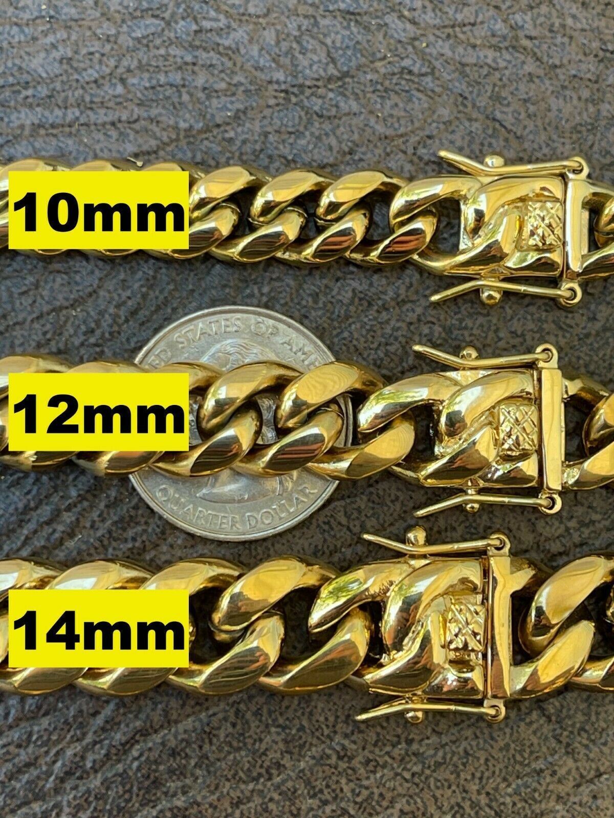 Cadena CUBANA o Pulsera De ACERO INOXIDABLE Bañado En Oro 14K en tamaños 4-14mm