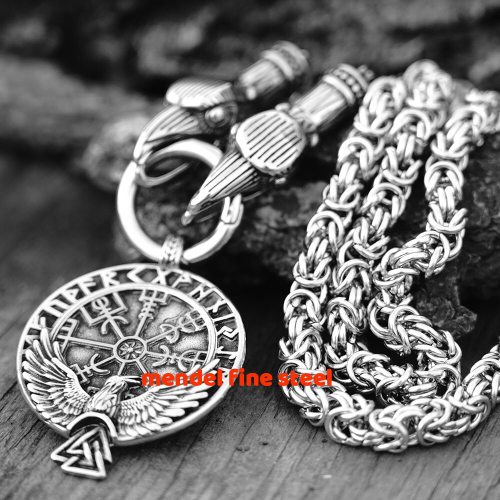 MENDEL Stainless Steel Mens Norse Viking Raven Vegvisir Pendant Necklace For Men