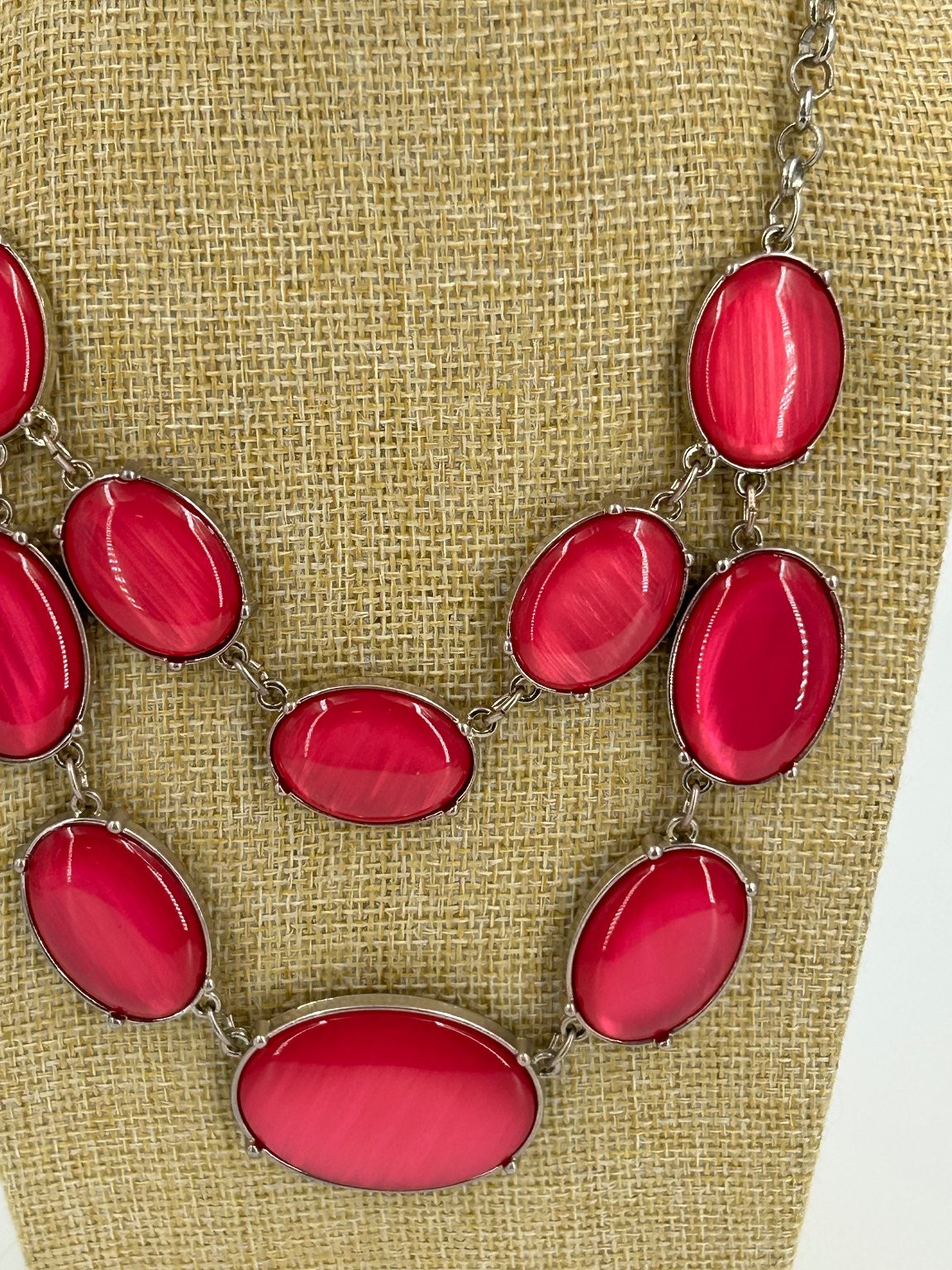 Kim Rogers Pink Oval Statement Necklace Silver Tone 18-20 inch
